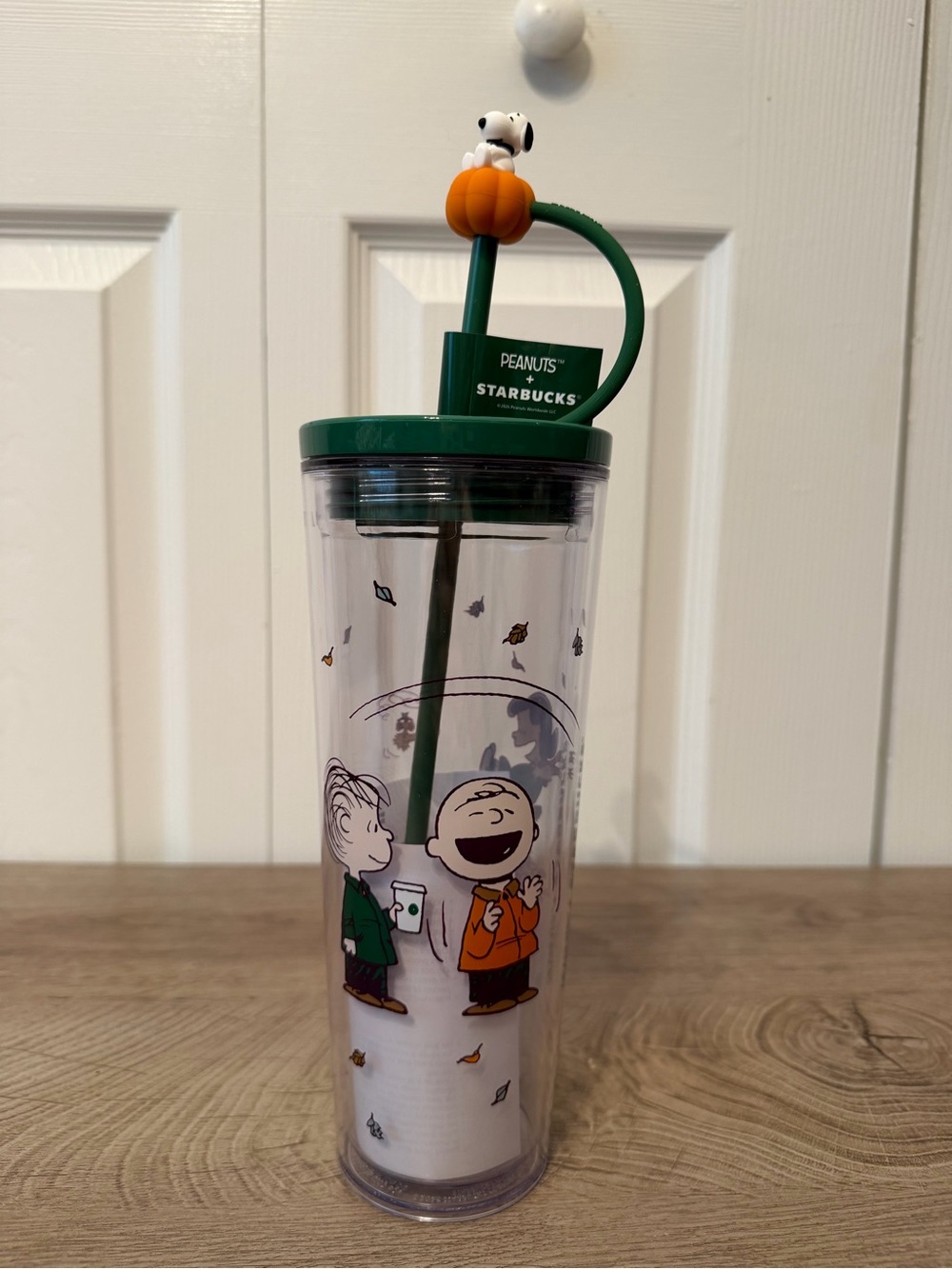 Starbucks Peanuts Snoopy Clear Tumbler Cup Green Lid & Straw Pumpkin Topper